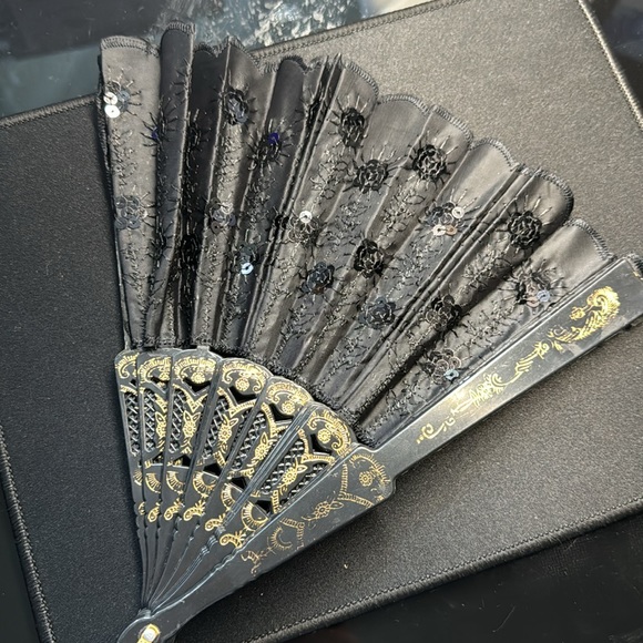 Pack of 6 - Elegantly Embroidered Handheld Fabric Fan with Sequins (Black) - Picture 14 of 14
